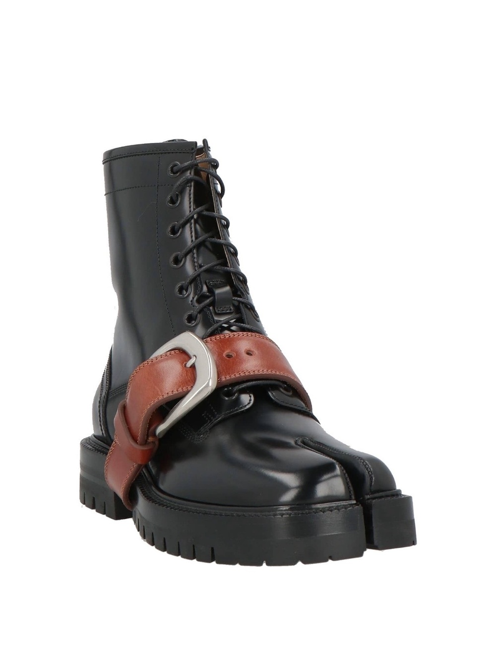 Maison Margiela Black Leather Ankle Combat Tabi Boot w Brown Buckle Strap EU40